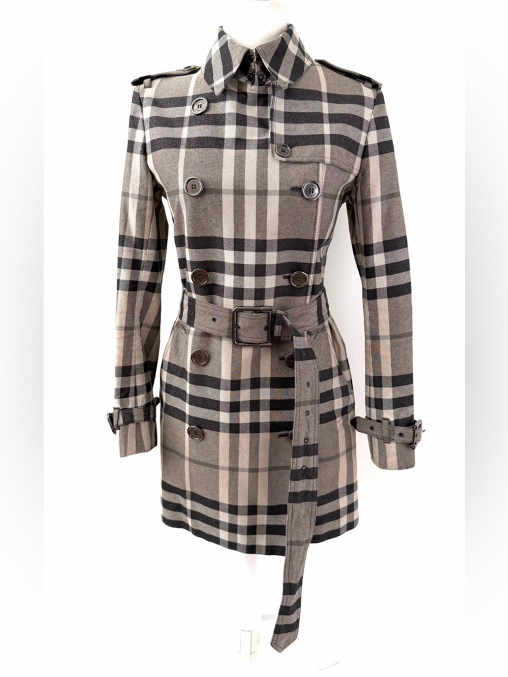 BURBERRY LONDON | Check Plaid Trench Coat Belt Double Breasted Metallic US 8 - Picture 5 of 15